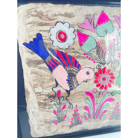 Vintage Mexican Amate Fold Art Bark Paper Bright Floral Bird Rabbit Painting - Picture 4 of 4